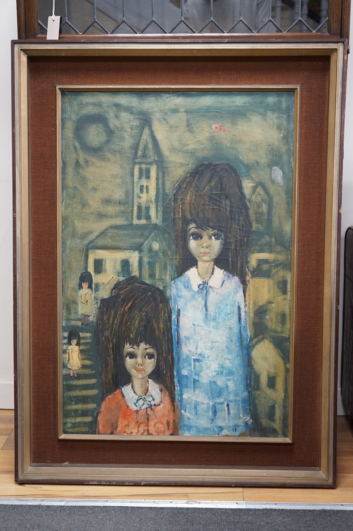 Mid 20th century oil on canvas, Study of children before a church, indistinctly signed lower right, 90 x 60cm. Condition - craquelure throughout